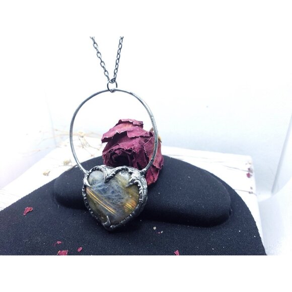 Labradorite Heart Crystal Necklace Handmade Gothic Fantasy Metalwork - Picture 11 of 12